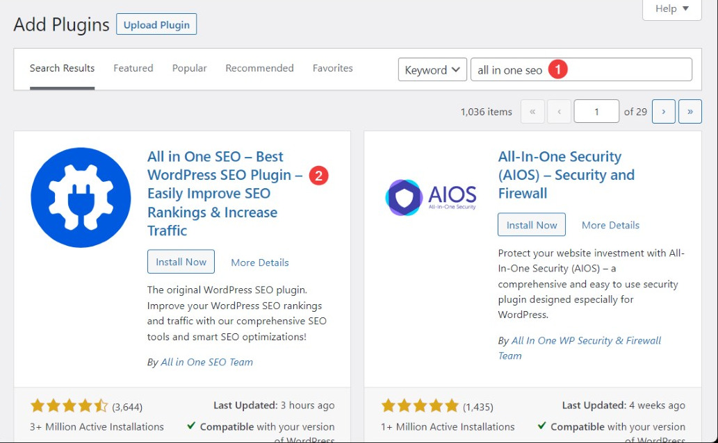 Installation and activation of the SEO All-in-One plugin